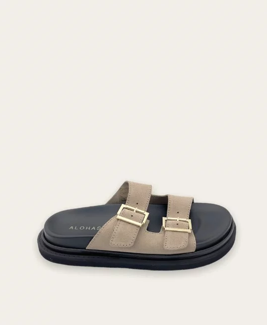 Sandale Buckle Strap Suede in Taupe