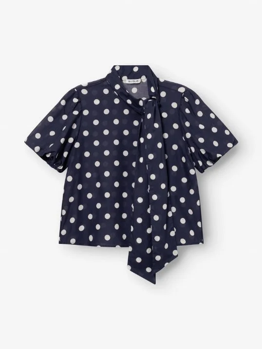 Bluse Bow Slim Dots Navy Off White