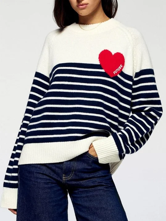 Pullover mit Streifen und Herz Ecru